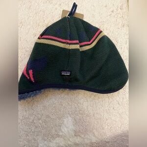 Patagonia Kids Dark Green Earflap Beanie with Pink and Tan Stripes